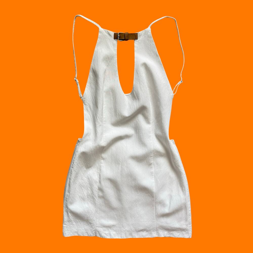 ZARA White Linen Blend Keyhole Halter Mini Dress Open Back Medium